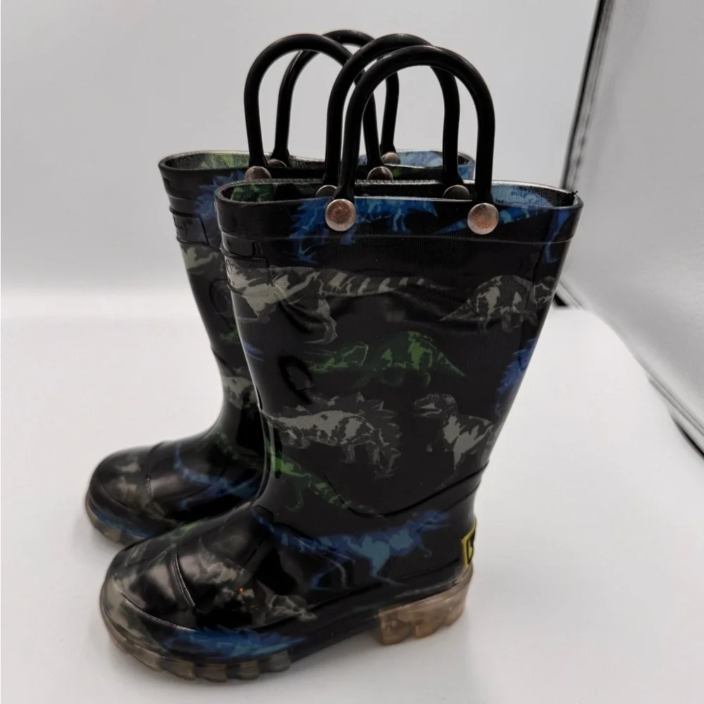 Western Chief Toddler Boy Size 6 Black and Blue Dinosaur Light Up Rain Boots